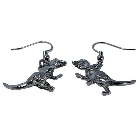 Silver metal T-Rex tiny dinosaur pendant earrings NEW - Picture 3 of 6